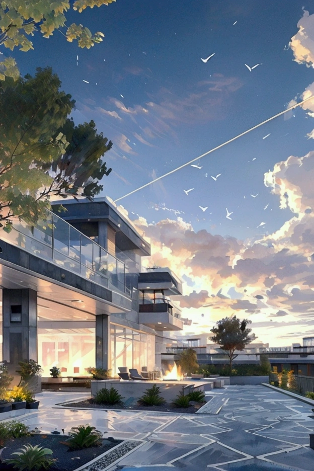 AiARTiST,MO-TE,modern terrace, minimalist design, outdoor seating, fire pit, dusk, concrete materials, clear sky, Seaview,built-in benches, deck chairs, glass balustrade, indirect lighting, luxury home, open space, sculpture decor, skyline view, warm color palette, contemporary architecture, evening ambiance, landscaped planter boxes