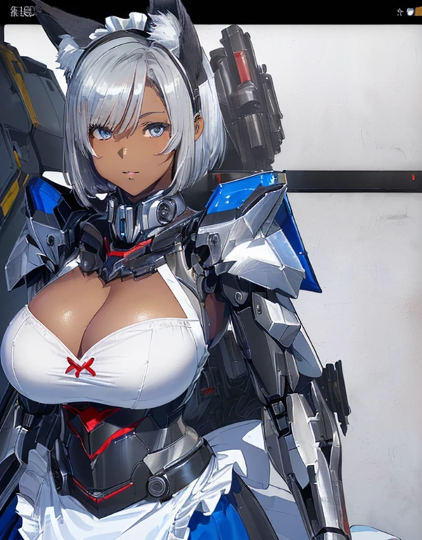 (8k, Realistic, RAW Photos, Highest quality: 1.3), (Fox Girl, Fox Ears, One Girl, Alone on the screen, dark skin, High definition, (boyish, Silver color very short hair), (Silver and blue odd eyes):1.4), とてもbeautiful, (Realistic Face), (maid apron, Clothes that are mainly black with red accents, Long skirt, Clothes with an open chest, (machinery suit, mecha musume):1.5), (Body measurements: 88-55-77!, Height is 145 cm, Nice body, Big Breasts, skirt hold, slender, Accentuate the cleavage:1.6), Standing posture, A brilliance that captivates the viewer, beautiful expression, beautiful breasts, (Realistic Skin), beautiful...