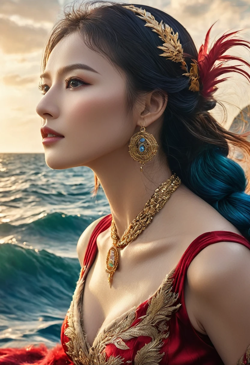 a beautiful detailed boa hancock, stunning portrait, intricate detailed face, piercing eyes, full luscious lips, flowing hair, elegant dress, dramatic pose, dynamic action, battle ship on the sea, vibrant colors, hyperrealistic, cinematic lighting, photorealistic, 8k, best quality, masterpiece