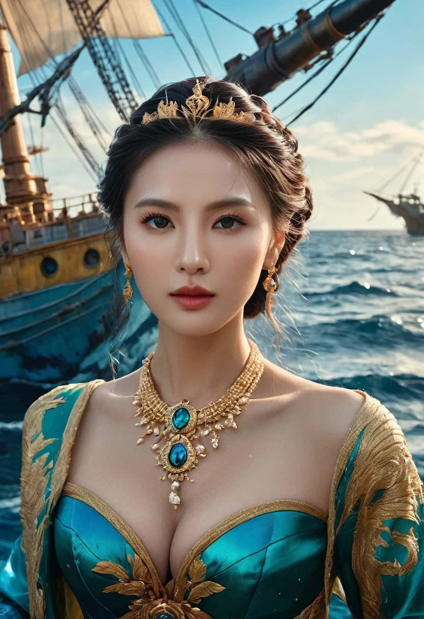 a beautiful detailed boa hancock, stunning portrait, intricate detailed face, piercing eyes, full luscious lips, flowing hair, elegant dress, dramatic pose, dynamic action, battle ship on the sea, vibrant colors, hyperrealistic, cinematic lighting, photorealistic, 8k, best quality, masterpiece