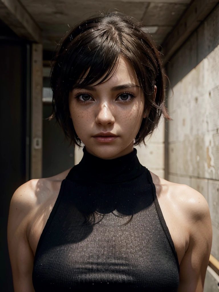 create images A young woman with short hair, dark and slightly messy, with bangs that fall softly on her A warrior. He has a serious expression and an intense look with large, dark eyes that stand out on his face.. Her skin is light and she has some visible freckles.. She wears a black top with straps. Your skin glows slightly, reflecting natural light, White background, realistic, 3D, style photorealistic anime 3 d stlyle, 2. 5 d cgi anime fantasy atwork, realistic anime style at prixiv, Artgerm ; 3D unreal engine