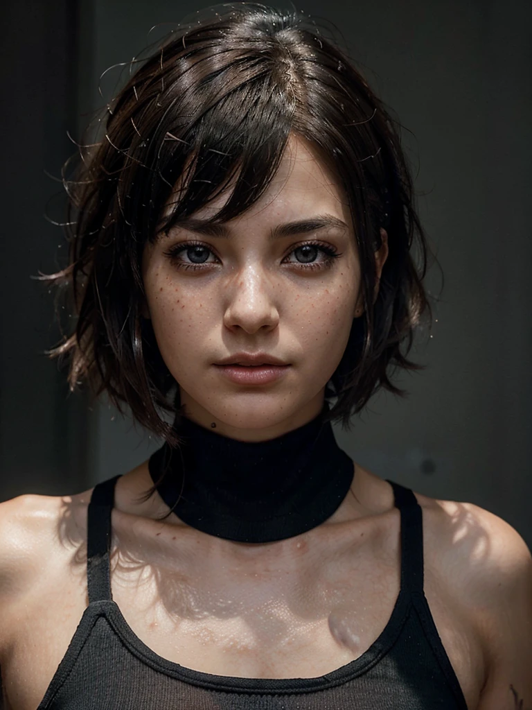 create images A young woman with short hair, dark and slightly messy, with bangs that fall softly on her A warrior. He has a serious expression and an intense look with large, dark eyes that stand out on his face.. Her skin is light and she has some visible freckles.. She wears a black top with straps. Your skin glows slightly, reflecting natural light, White background, realistic, 3D, style photorealistic anime 3 d stlyle, 2. 5 d cgi anime fantasy atwork, realistic anime style at prixiv, Artgerm ; 3D unreal engine