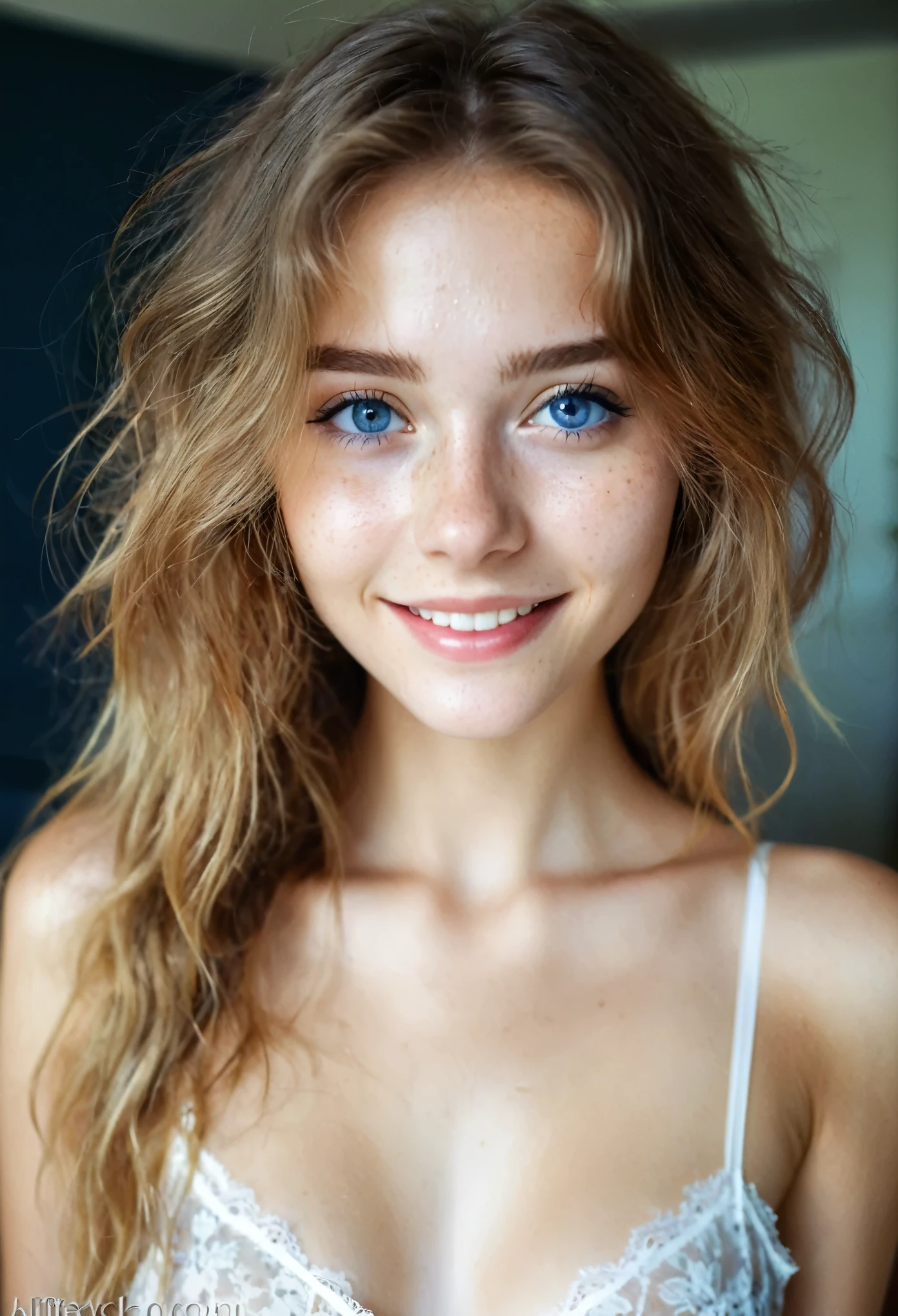 mirror selfie , A beautiful 19-year-old girl , Smile , Delicate skin、Face and eyes , Natural Lighting , at home , Long hair, Messy hair, Sheer lace, cleveage, Film Grain, Low contrast, natural face , freckle , Dark Blonde Hair , Deep blue eyes, Dark circles, Sexy, Visible nipples,
