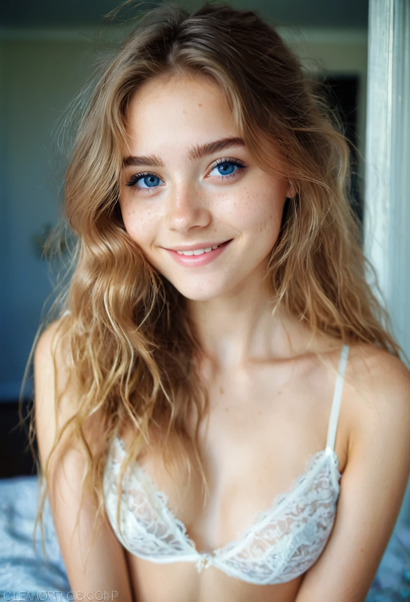 mirror selfie , A beautiful 19-year-old girl , Smile , Delicate skin、Face and eyes , Natural Lighting , at home , Long hair, Messy hair, Sheer lace, cleveage, Film Grain, Low contrast, natural face , freckle , Dark Blonde Hair , Deep blue eyes, Dark circles, Sexy, Visible nipples,