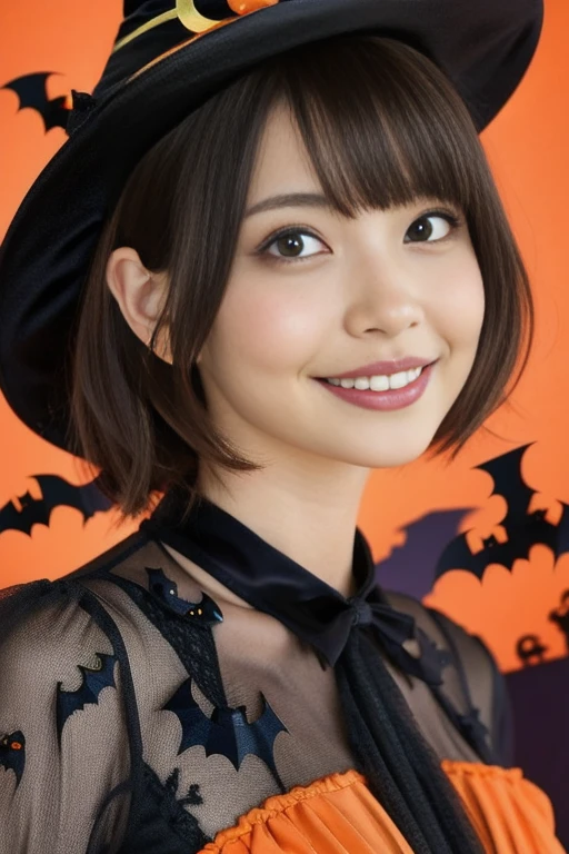 (a 26 year old girl, detailed cutie face, beautiful detailed eyes, detailed dropped eyes, beautiful charming smile, extremely detailed face,short hair:1.75), (anime style, halloween party:2.0), colorful lights, pumpkin decorations, haunted house, best quality, 4k, highres, masterpiece, realistic, photorealistic, photo-realistic, vivid colors, intricate details, fantasy, soft lighting, magical