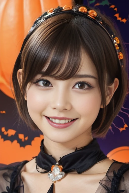 (a 26 year old girl, detailed cutie face, beautiful detailed eyes, detailed dropped eyes, beautiful charming smile, extremely detailed face,short hair:1.75), (anime style, halloween party:2.0), colorful lights, pumpkin decorations, haunted house, best quality, 4k, highres, masterpiece, realistic, photorealistic, photo-realistic, vivid colors, intricate details, fantasy, soft lighting, magical