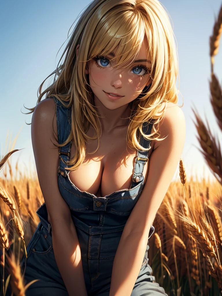 (realistic:1.3), finely detailed, quality, rembrandt lighting, (masterpiece:1.2), (photorealistic:1.2), (best quality), (detailed skin:1.3), (intricate details), dramatic, ray tracing, 1girl, american girl, 21 years old, detailed skin texture, (blush:0.5), (goosebumps:0.5), subsurface scattering, smiling, medium breasts, high ponytail hair, blonde hair, bangs, hair between eyes, naked overalls, cleavage, cowboy shot, (leaning forward:1.2), (bright sunny day, farm, field of wheat, sky),
sultry look, seductive,