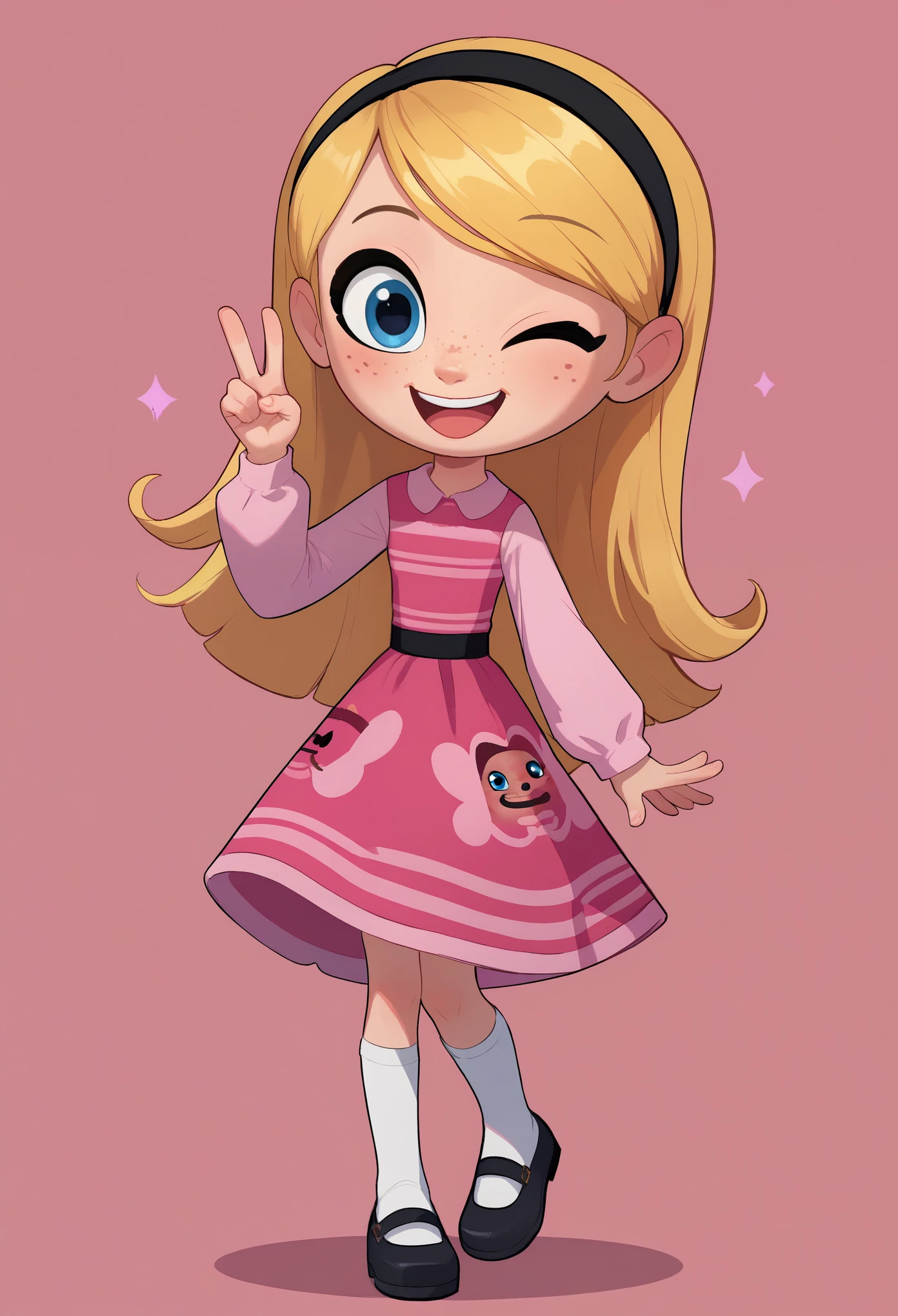 score_9, score_8_up, score_7_up, 1girl, full body, solo, penny peterson, long hair, blue eyes, freckles, blonde hair, skirt, hairband, black hairband, white long tube socks, dress, pink dress, long sleeves, mary janes, one eye closed, peace sign, cute smile, cute art, cute, kawaii, left eye closed looking at viewer, high quality, happy, pink background,