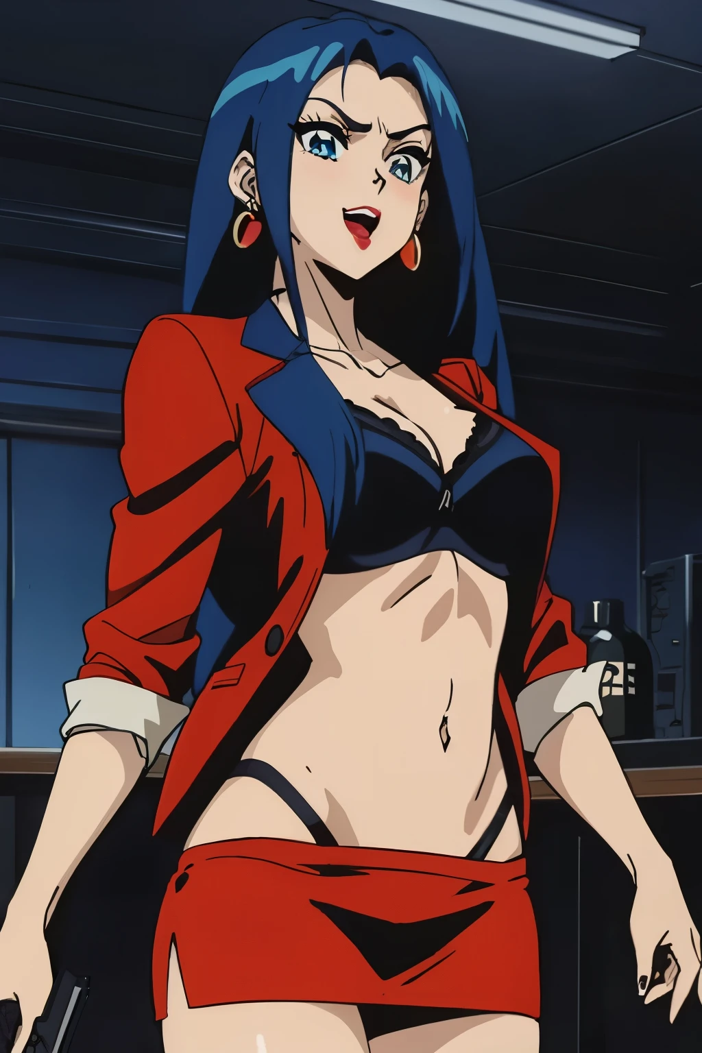 a woman with blue hair , Ai-Mitsu, anime art style,
Sophine,1girl,black hair,longhair,blue eyes,red_lips_, red jacket,
blush, lipstick, jewelry, earrings, Hot girl, baddie, mean girl, sensual, attractive,s , blush, lipstick, bar background, inside bar, indoor, masterpiece, best quality, highly detailed, a girls with a gun, open mouth, blazer, sexy gaze, (nsfw) not
safe for work, badass pose , evil smile, smile, black bra, anime girl with long hair, long haired girl,
navel, evil expression, exposed belly, exposed navel, exposed midriff, exposed lower belly, micro
miniskirt, micro pencil skirt, pencil skirt ,holding a gun, holding pistol
