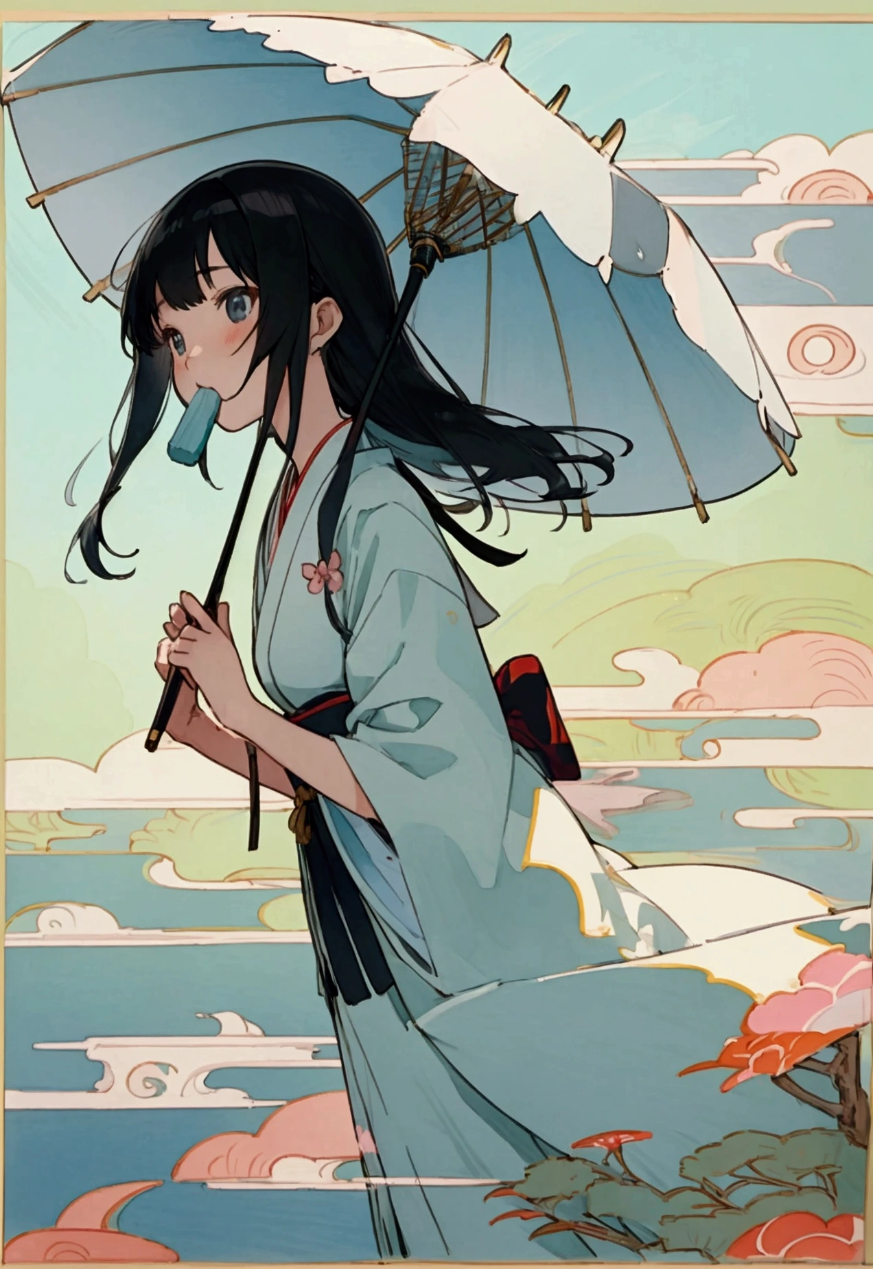 Summer Japan, delicate and elegant watercolors, ultra-precision illustrations, high definition, dynamic angles, beautiful details, 8k, vivid and colorful illustrations of black-haired anime female characters, An illustration of a high school girl who came to visit her grandparents' house in the country during summer vacation in Japan, She is eating Unadon deliciously