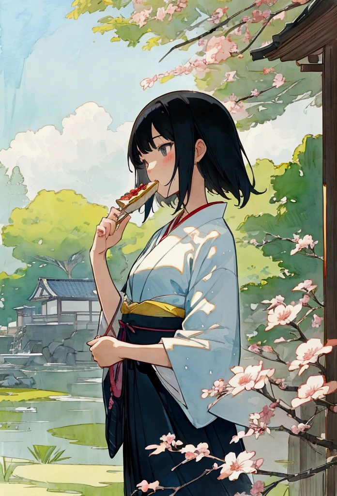 Summer Japan, delicate and elegant watercolors, ultra-precision illustrations, high definition, dynamic angles, beautiful details, 8k, vivid and colorful illustrations of black-haired anime female characters, An illustration of a high school girl who came to visit her grandparents' house in the country during summer vacation in Japan, She is eating Unadon deliciously