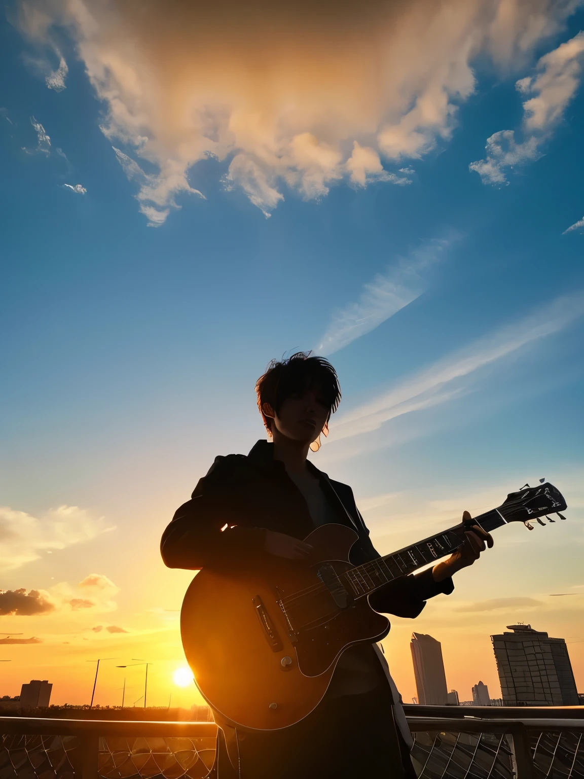 Realistic, 8k Full Length Portrait, good looking, 30-year-old male, attractive appearance, Facial details, ((play the guitar:1.2)),The Sunset Sun、Realistic,広大な都cityが広がる、The sun rises over the skyscraper army、The morning sun is beautiful、horizon,Composed々The sky is getting brighter、Huge autumn clouds、Vibrant colors、Sit on, wood, Hair length, city, silhouette