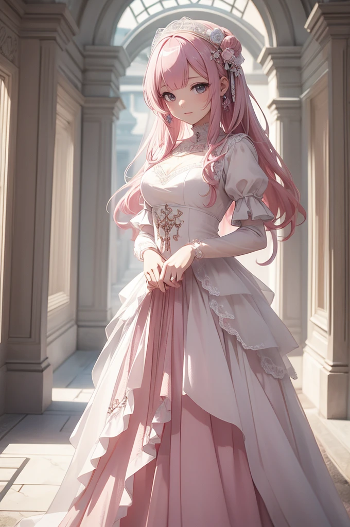 masterpiece, Highest quality, Very detailed, figure, Beautiful attention to detail, close, 1 girl, Pink Hair, White Dress, Entrance of the villa, Standing position, Downward