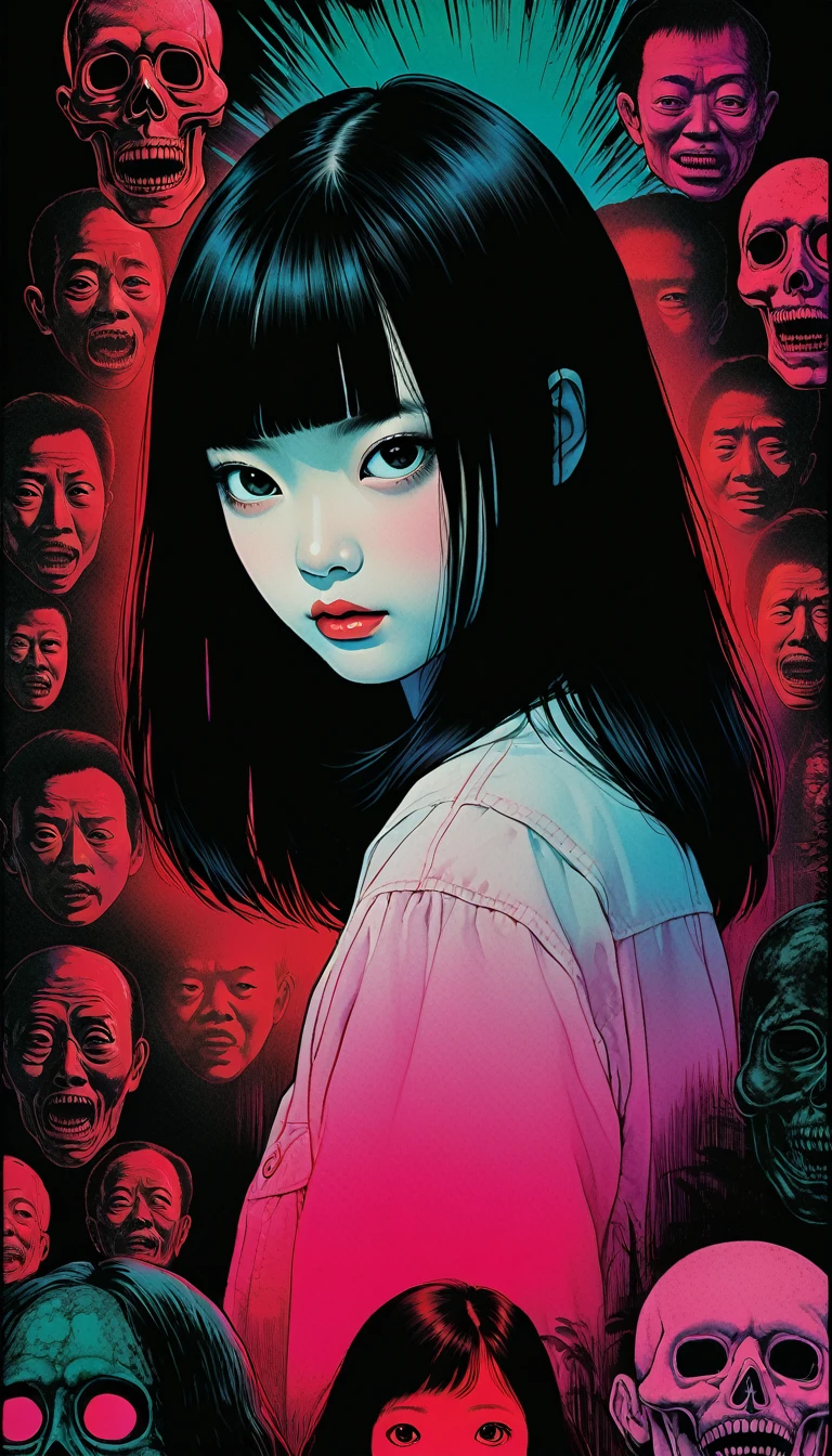 An illustration、art、80s Thai horror movie poster, Supervised by Junji Ito、French Doll、Attention to detail, Realistic Shadows、Analog Style, chromatic aberration, Surrealism、Complementary Gradient