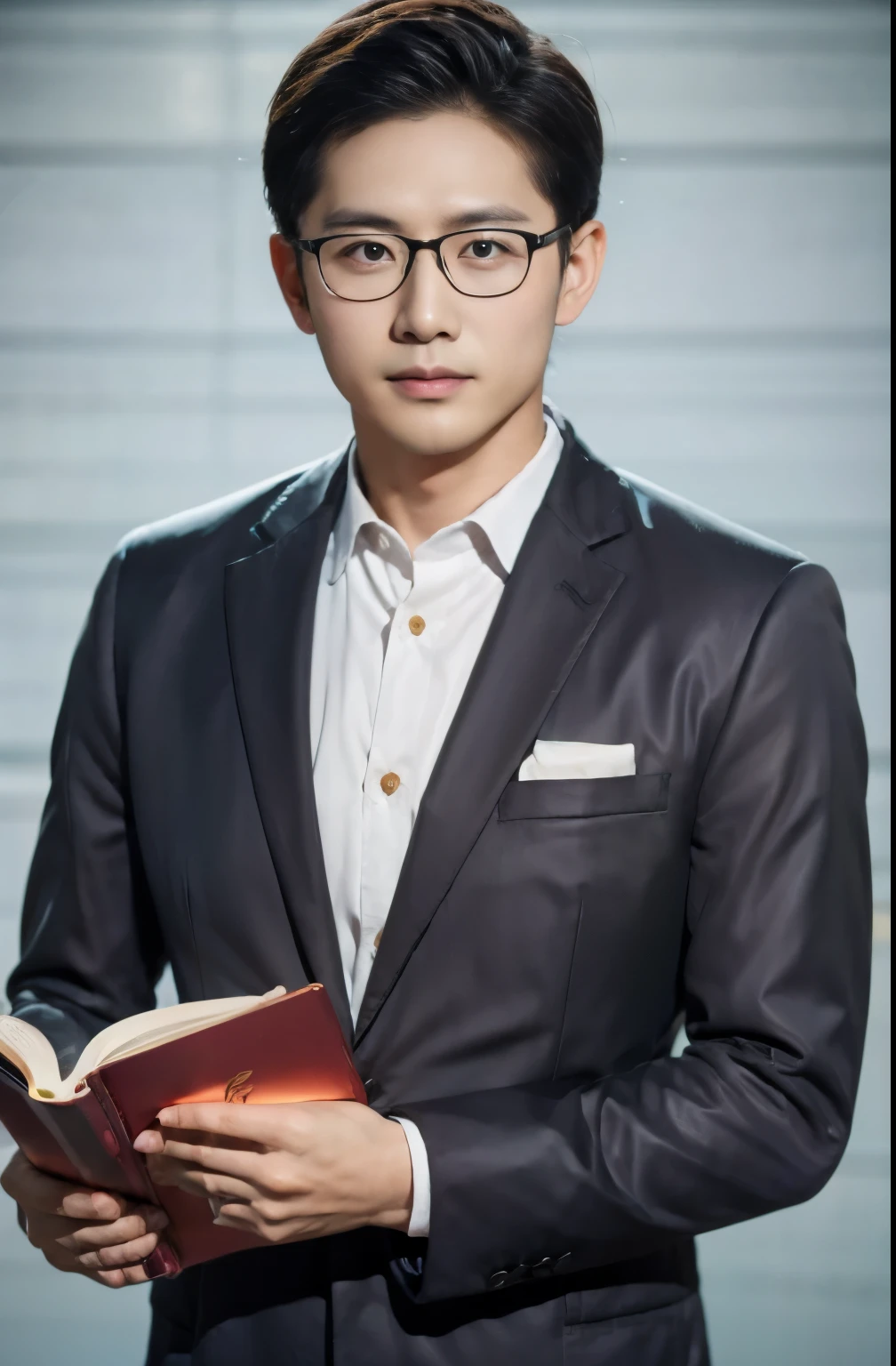 男lawyer，Suit，masterpiece，Best quality，8k，1man，Male focus，solo，Brown eyes，帅气lawyer，深色Suit，Black glasses，Happy expression，Black Hair，Gray background，whole body，front，book in hand，lawyer，