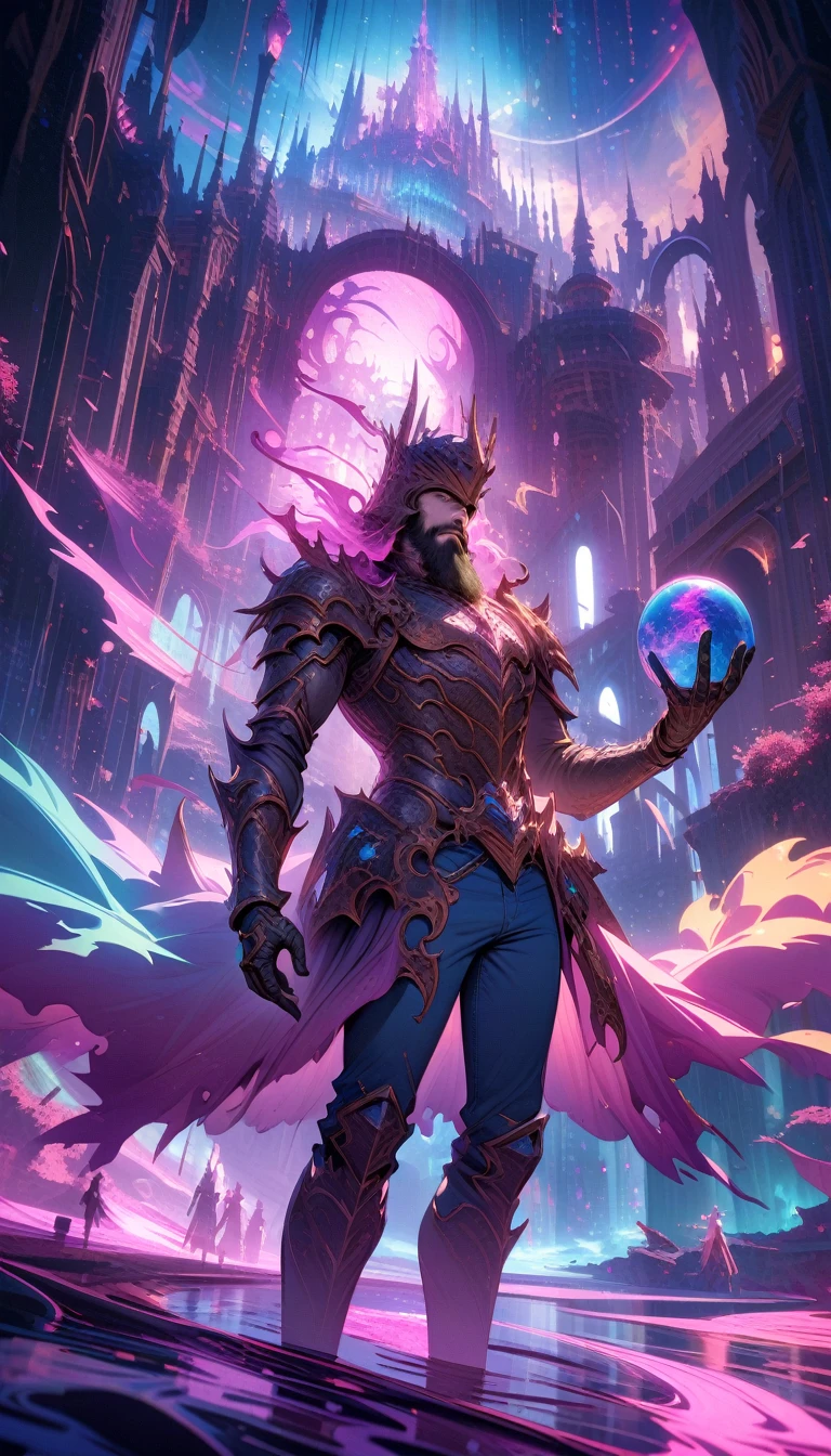 ((best quality)) , ((masterpiece)) , (detailed)，1boy, male focus, solo, shirt, helmet, pants, denim, armor, facial hair, blue pants, gloves, beard, jeans, holding,(((Dreamscape , blended visuals . Surreal, ethereal, dreamy, mysterious, fantasy, highly detailed)))