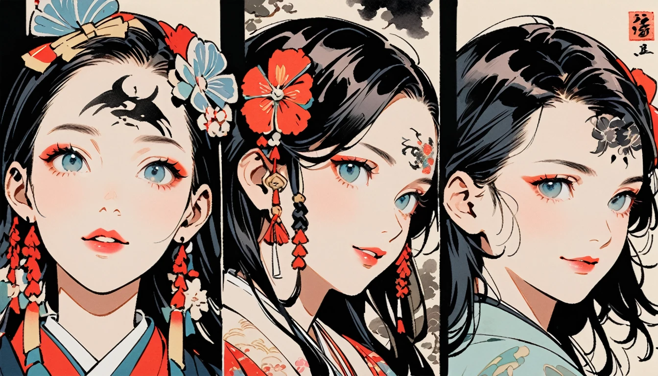 (((Ink Painting))), Fashion portrait color photos, (((1 female))), (((Tattoo in the center of the forehead))), (((Very flashy hair accessories))), (((Very flashy makeup))), Japanese style headphones, devil, face close-up, front view, Japan人の美少女, Black Hair, Delicate and precise, Modern ukiyo-e style,Japan, Droopy eyes, round face, smile, Fuller lips, electric bass
