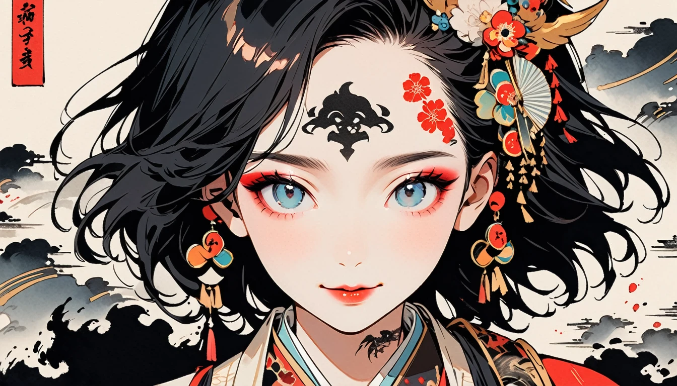 (((Ink Painting))), Fashion portrait color photos, (((1 female))), (((Tattoo in the center of the forehead))), (((Very flashy hair accessories))), (((Very flashy makeup))), Japanese style headphones, devil, face close-up, front view, Japan人の美少女, Black Hair, Delicate and precise, Modern ukiyo-e style,Japan, Droopy eyes, round face, smile, Fuller lips, electric bass
