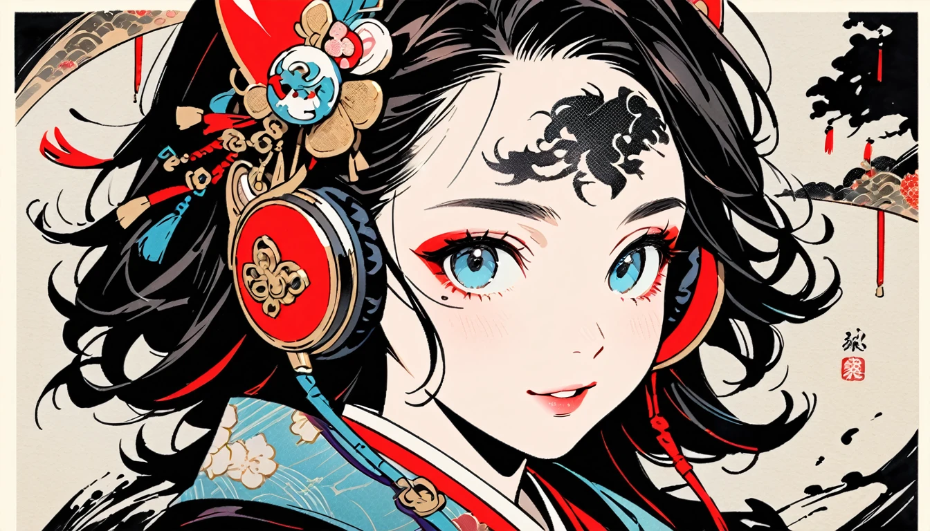 (((Ink Painting))), Fashion portrait color photos, (((1 female))), (((Tattoo in the center of the forehead))), (((Very flashy hair accessories))), (((Very flashy makeup))), Japanese style headphones, devil, face close-up, front view, Japan人の美少女, Black Hair, Delicate and precise, Modern ukiyo-e style,Japan, Droopy eyes, round face, smile, Fuller lips, electric bass