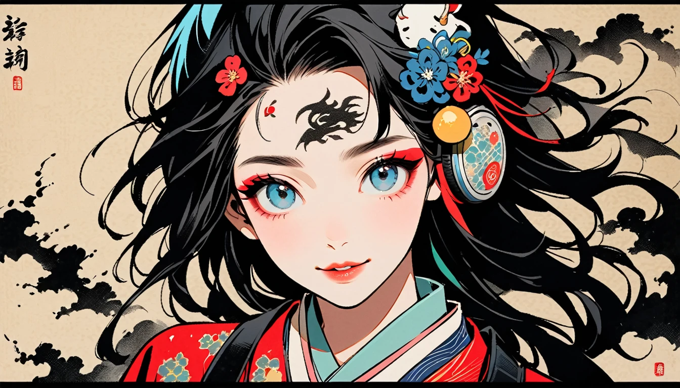 (((Ink Painting))), Fashion portrait color photos, (((1 female))), (((Tattoo in the center of the forehead))), (((Very flashy hair accessories))), (((Very flashy makeup))), Japanese style headphones, devil, face close-up, front view, Japan人の美少女, Black Hair, Delicate and precise, Modern ukiyo-e style,Japan, Droopy eyes, round face, smile, Fuller lips, electric bass