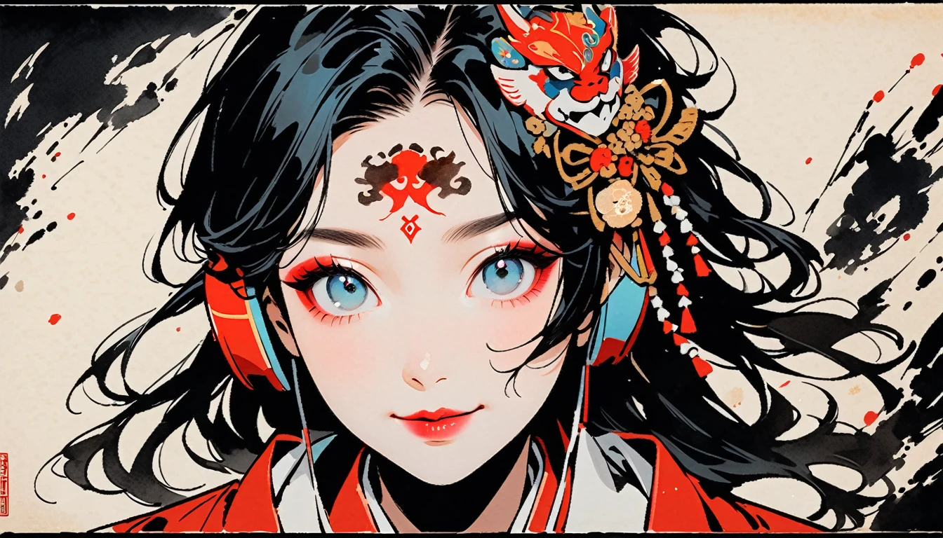 (((Ink Painting))), Fashion portrait color photos, (((1 girl))), (((Tattoo in the center of the forehead))), (((Very flashy hair accessories))), (((Very flashy makeup))), Japanese style headphones, face close-up, Japan人の美少女, Black Hair, Delicate and precise, Modern ukiyo-e style,Japan, Japanese flag, Eye color: red and blue