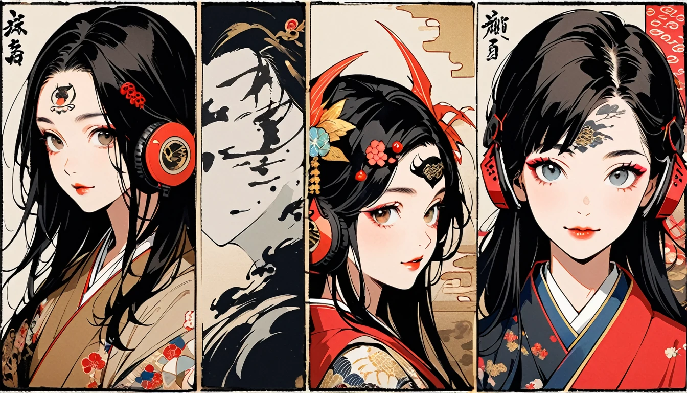 (((Ink Painting))), Fashion portrait color photos, (((1 female))), (((Tattoo in the center of the forehead))), (((Very flashy hair accessories))), (((Very flashy makeup))), Japanese style headphones, devil, face close-up, front view, Japan人の美少女, Black Hair, Delicate and precise, Modern ukiyo-e style,Japan, Droopy eyes, round face, smile, Fuller lips, electric bass