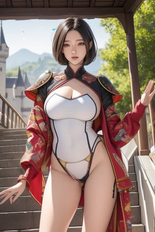 Highest quality, Official Art, masterpiece, Fabric Shading, High resolution, Very detailed, colorful, Best details, Fantasy, Combat Uniform:1.5,  1 female, Age 25, Black Hair, short hair, Up Bang Hair, One Length, Standing on the stairs, A castle town with an old castle view, sunny, Random Hair, Large Breasts, skinny, Surrounded by a lot of people:1.9, Confetti falling, Blessed, Welcomed:1.5, Camel Toe:1.3, Ground level shot:,squatting, spread legs,