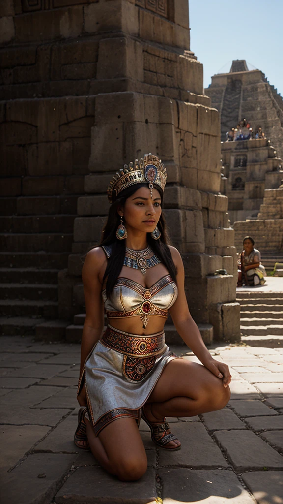 3 meter Aztec goddess kneeling listening to her subjects at the foot of an Aztec pyramid