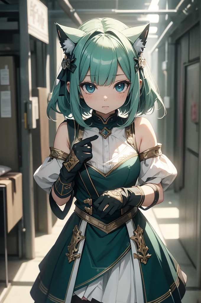 (artwork), (great work), (indirect lighting), (Chibi Cute Studio), (GIFcuteアニメ), (cute cute), (Highly detailed CG 8k unit wallpaper), (One girl) cuteドレスを着て, cuteフリルのティアラが付いた長い青い髪, Wearing silk gloves, White skin, Green and blue eyes, (cute)