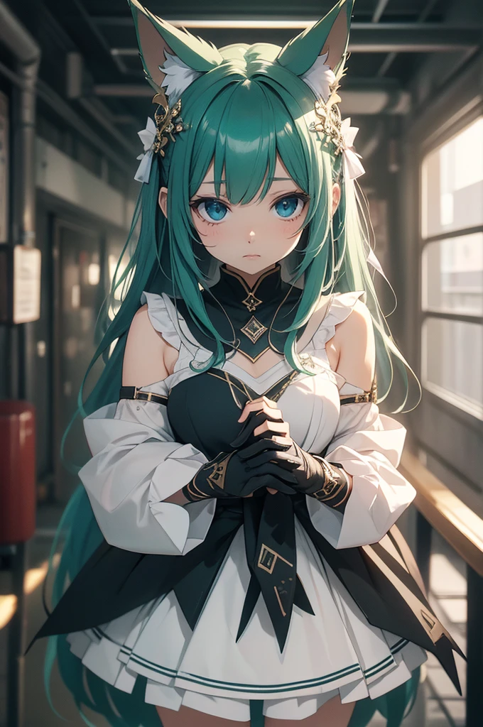 (artwork), (great work), (indirect lighting), (Chibi Cute Studio), (GIFcuteアニメ), (cute cute), (Highly detailed CG 8k unit wallpaper), (One girl) cuteドレスを着て, cuteフリルのティアラが付いた長い青い髪, Wearing silk gloves, White skin, Green and blue eyes, (cute)