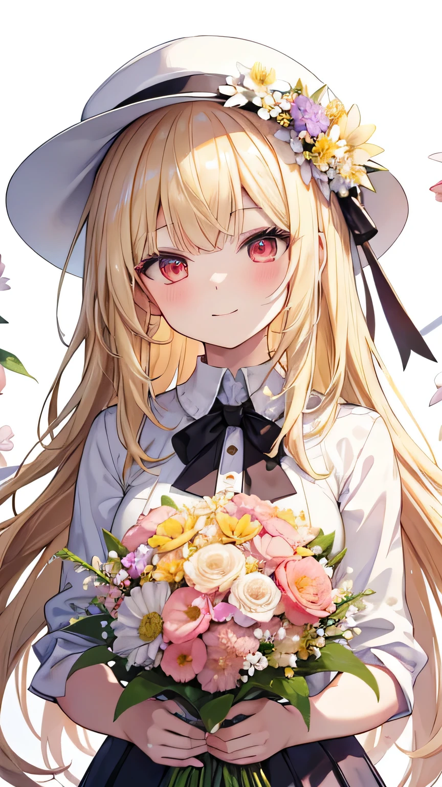 a young woman with bright blonde hair standing next to a bunch of flowers and wearing a hat, 1 Girl, flower, alone, Red eyes, smile, flower bunch, Looking at the audience, blonde, white background, colorful flower, bow, blush, background, Holding, Upper Body, close、 head shot, bangs, Holding flower bunch,Silver long hair
