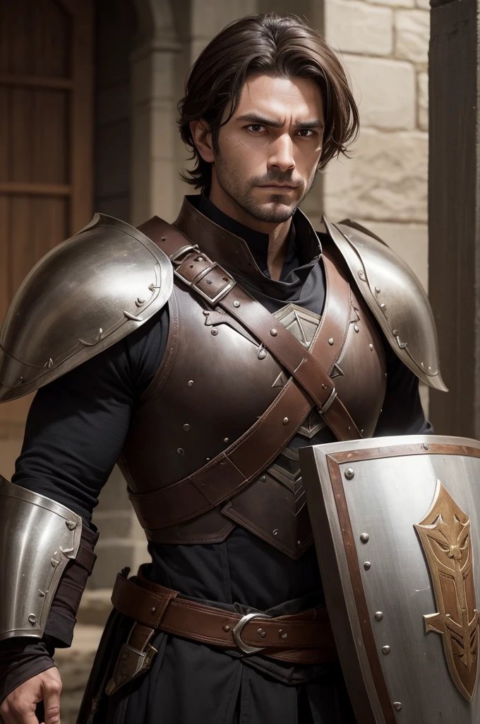 Kael is a robust man, around 30 years old, light brown skin and dark brown hair. He wears mail armor, wields a longsword and shield, and has a determined and serious look. His expression often reflects the pain of his past and the resolution of his mission.