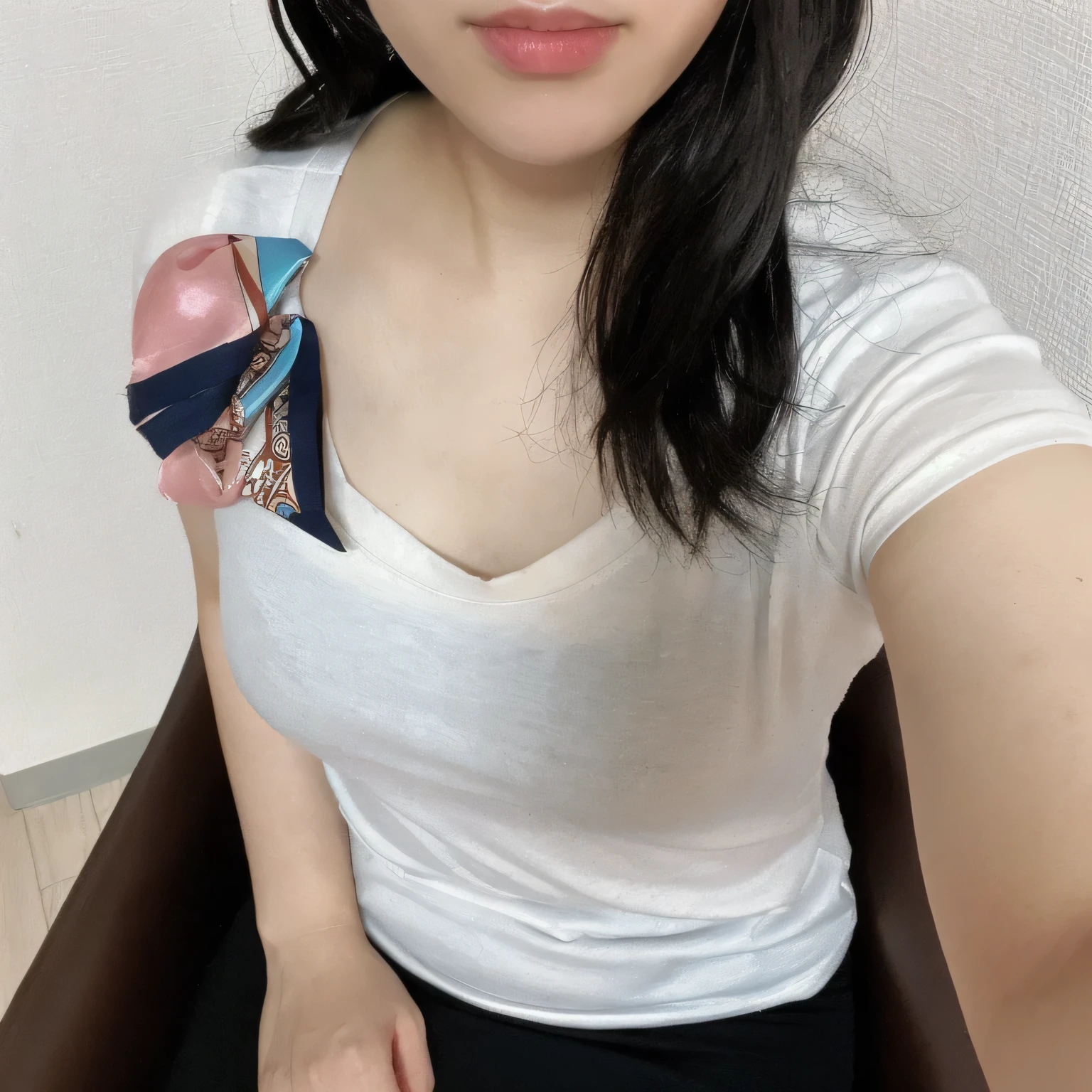 A woman is sitting in a chair with a tie on her lap, Skin is shiny Lustrous hair The white T-shirt does not have a neck closure Smiling a little the body is slender a little bigger breasts