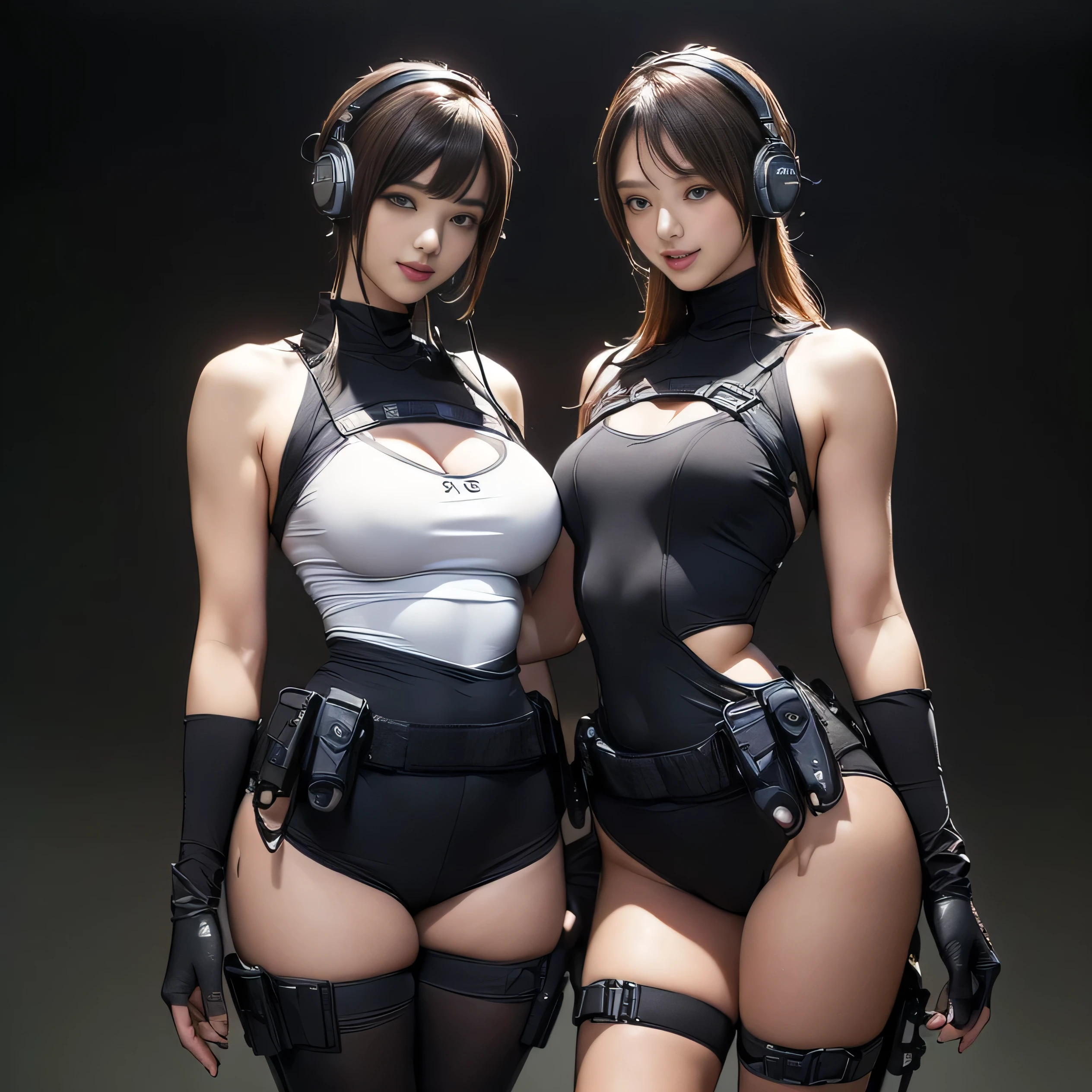 (Two Women),(((Women standing side by side:1.5))),((Black tactical tights:1.5)),((Black headphones:1.5)),((Black Tactical Holster:1.5)),(Black Gloves:1.5),((Wearing the same:1.5)),(Smile:1.5),(beautiful eyes:1.3),(Very detailedな顔:1.5),((Very detailed drawing of a female hand:1.5)),((muscular:1.5)),(Sexy appearance:1.5),((Thick thighs:1.5)),(Beautiful Body:1.5),((Very sensual:1.5)),(Background is the city:1.5),(((Blurred Background:1.5))),(Written border depth:1.5),rest(((masterpiece:1.5),(best quality:1.5),(Very detailed:1.5),(high resolution:1.5),(Practical:1.5),(Practical:1.5),(Delicate depiction),(Carefully drawn))),8k,wallpaper