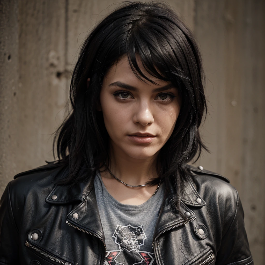  Punk Style,, metal-T-shirt, black leather jacket ￼High resolution, black hair, multiple views, Illustration, 