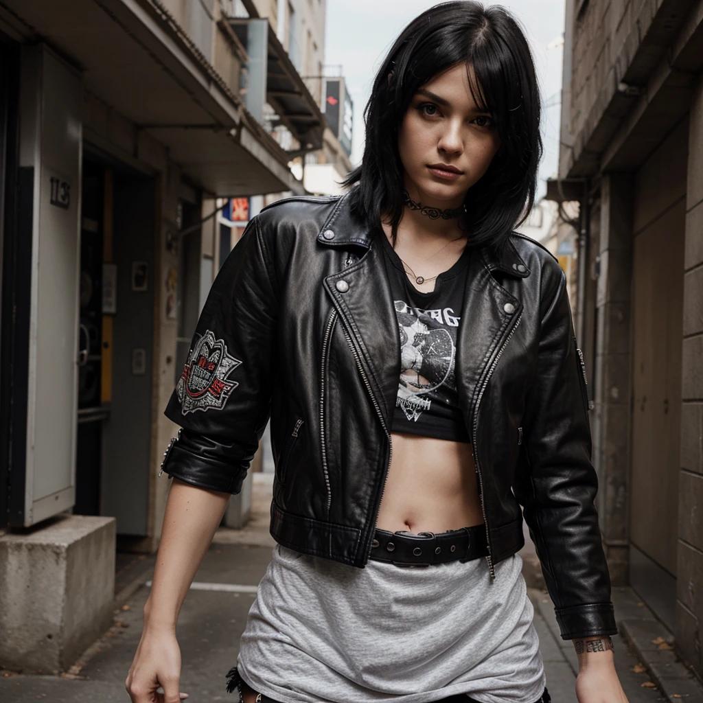  Punk Style,, metal-T-shirt, black leather jacket ￼High resolution, black hair, multiple views, Illustration, 
