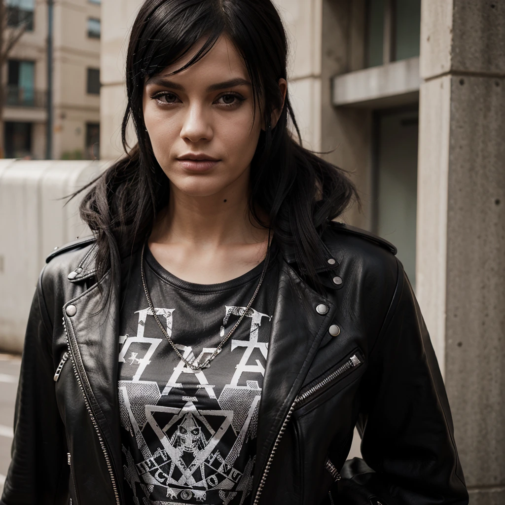  Punk Style,, metal-T-shirt, black leather jacket ￼High resolution, black hair, multiple views, Illustration, 