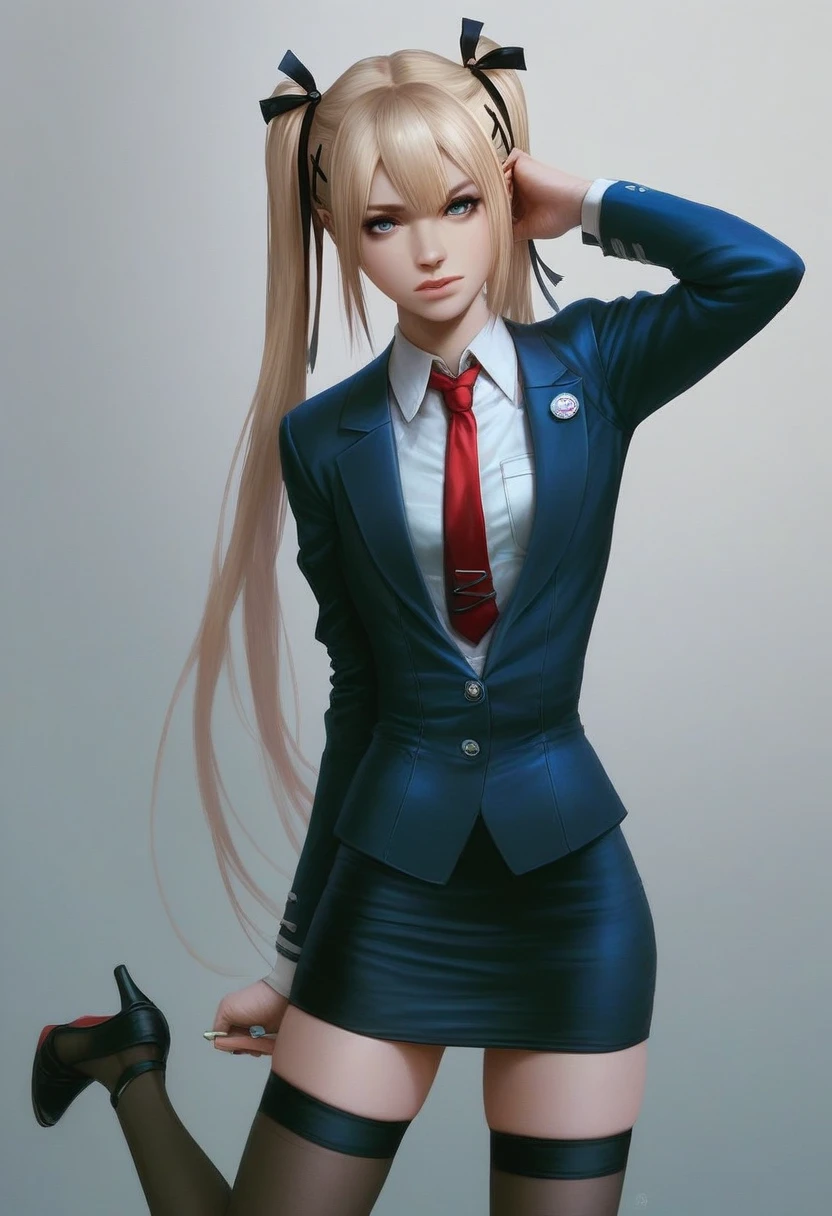 1girl,solo,intricate details,realistic,hand on own cheek,upper body,soft lighting,intense shadows,looking at viewer,(long eyelashes:0.5),closed mouth,marie rose, skirt suit, (((three-piece suit))), (((dress shirt))), (((necktie))), (((blazer))), (((suit jacket))), (((waistcoat))), double-breasted waistcoat, (((bodycon pencil skirt))), (((stockings))), high heels, pocket square, cufflinks, tie clip, tight clothing, formal clothing, ,light blue eyes,