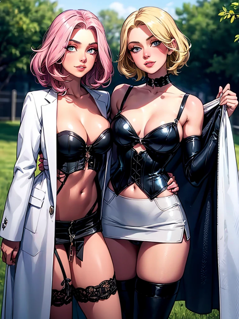 Highest Quality, masterpiece, beautifully detailed eyes,, short Blonde Hair, Gradient Hair, pink highlights in hair, medium breasts, standing, makeup, glossy lips, full lips, (natural lighting), grass, corset, thong straps, light smile, midriff, collarbone, thigh highs, miniskirt, cleavage
sultry look, seductive,