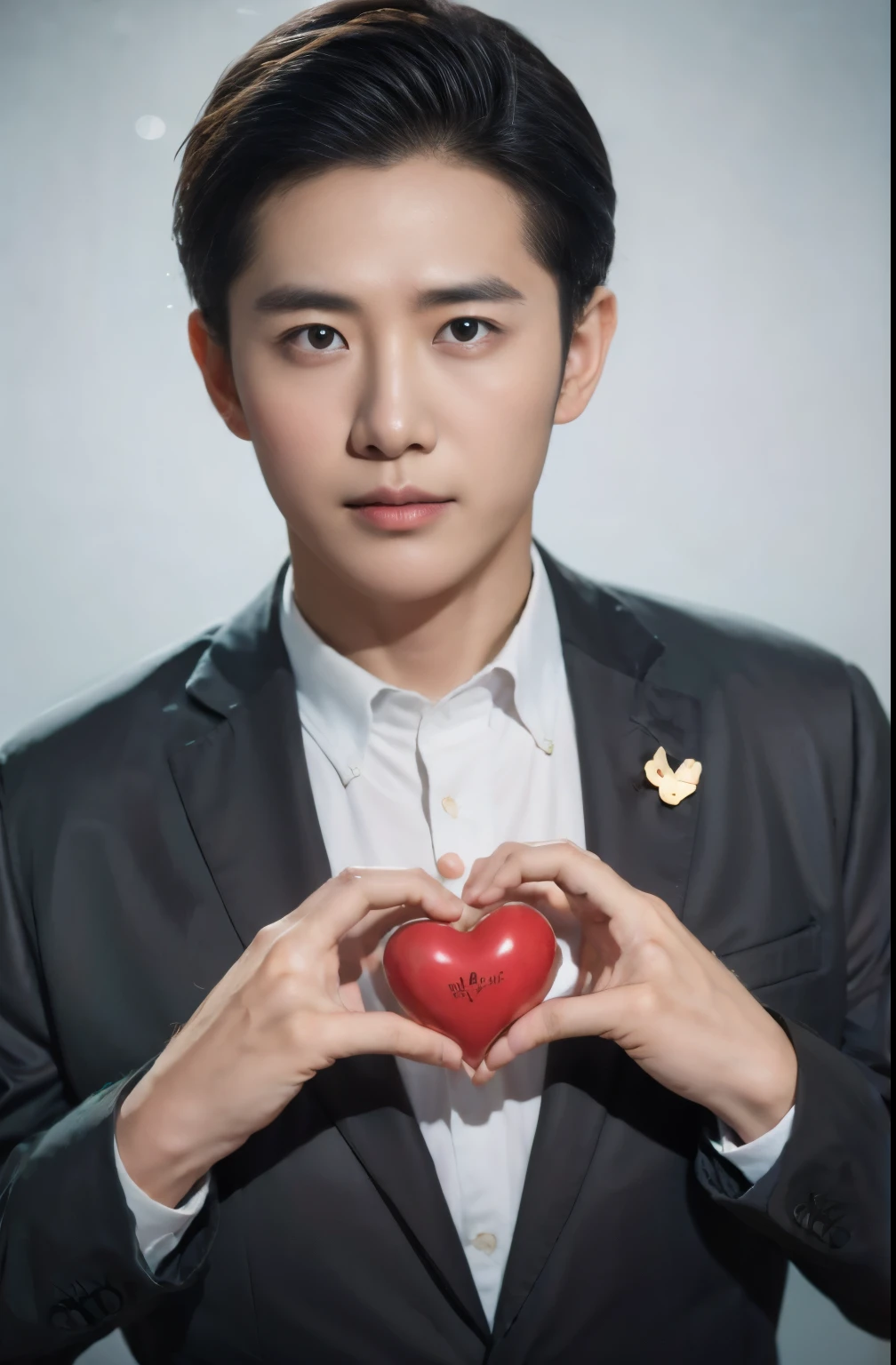 balloon，Heart，hand heart，男lawyer，Suit，masterpiece，Best quality，8k，1man，Male focus，solo，Brown eyes，帅气lawyer，深色Suit，Black glasses，Happy expression，Black Hair，Gray background，whole body，front，book in hand，lawyer，