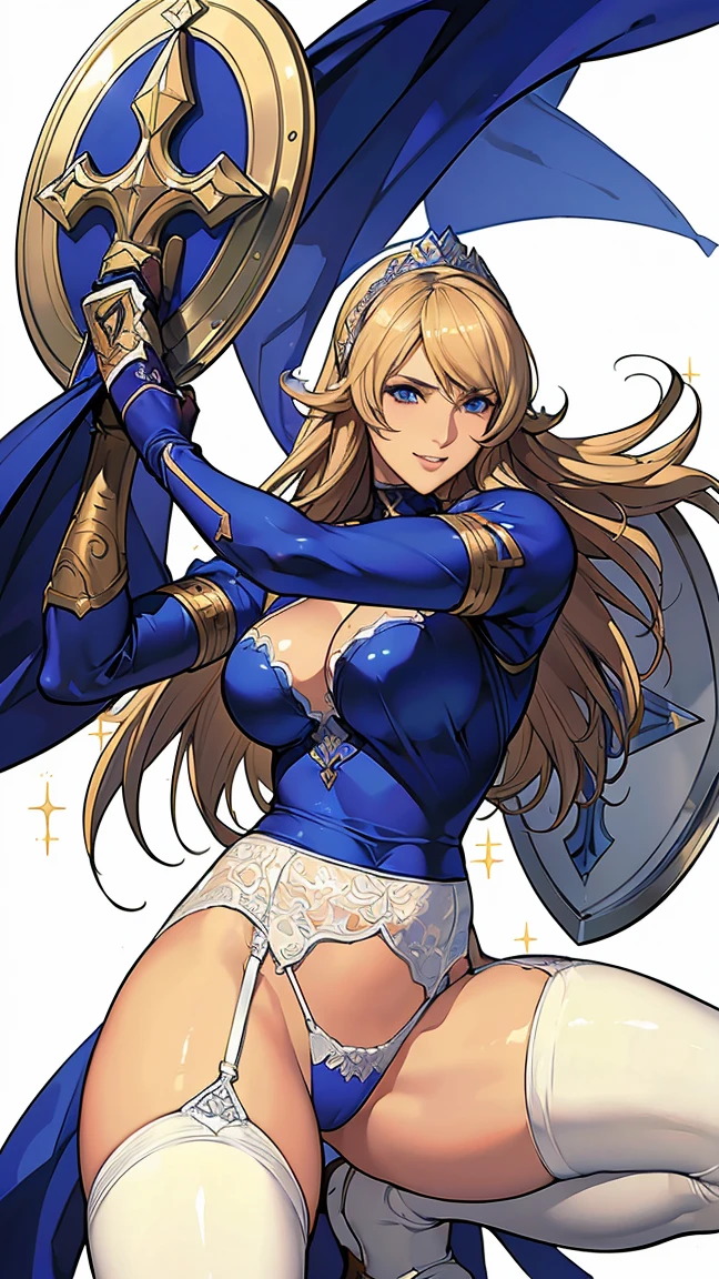Browsing Caution,Sensual, Long blonde hair, Thick thighs, 8k, 4K, Highest quality, (High resolution:1.6), Cute anime face, Noise Reduction, (Sparkling Blue Eyes, A kind smile:1.3, Kind eyes:1.3)、Toned Abs, Muscular arms, Muscular legs,  Young Face, Anime Eyes, Sophitia Alexandra、(Sword in right hand:1.5)、(Equipped with a shield on the left arm:1.5)、(SFW Giant:1.9)、(Beautiful Nose:1.5)、Long tights、Knee-high boots、(garter belt:1.5)、Beautiful Hands、Beautiful fingers、(High cut thong:1.5)、Open mouth smile, squatting, spread legs