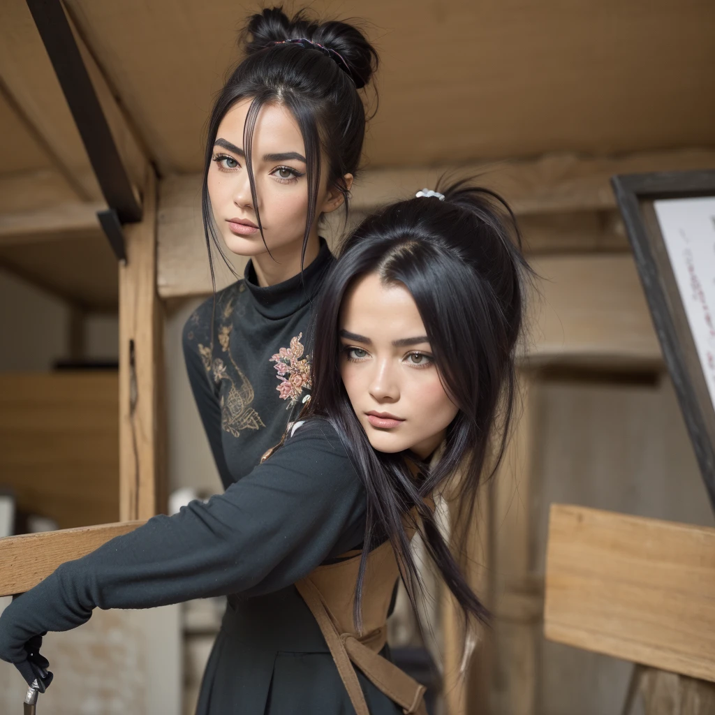 Une magnifique femme ,avec un magnifique visage unique et original,une tenue de samuraï, elle tient un katana dans ses mains, une magnifique coupe de cheveux les cheveux sont de couleur noire et attache