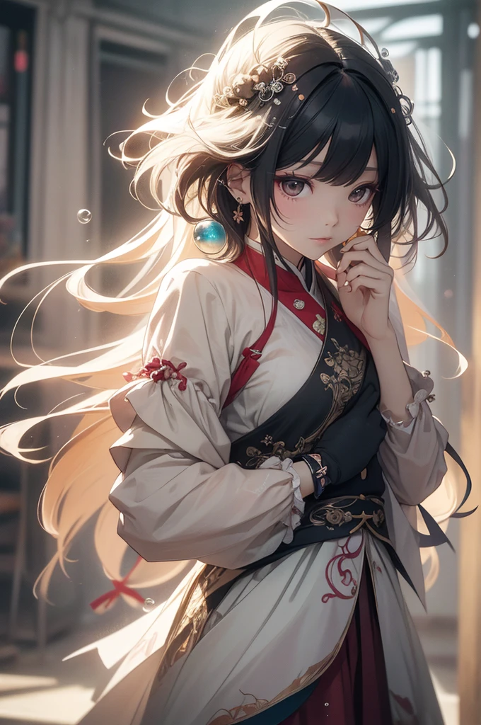 Xingqiu (masterpiece), (Highest quality), (Super detailed),(Disheveled Hair),(figure), (One girl), Beautiful fine details,Delicate and beautiful face,floating,(High saturation),(Colorful splashes),Colorful Bubbles,(The Shining),Focus on the face