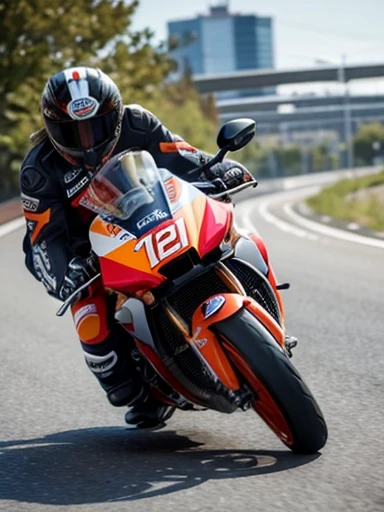 city, road,american cruiser motorcycle,Marc Marquez,motion blur:1.4
