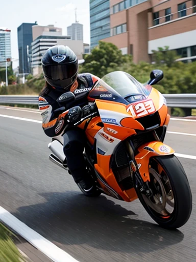 city, road,american cruiser motorcycle,Marc Marquez,motion blur:1.4