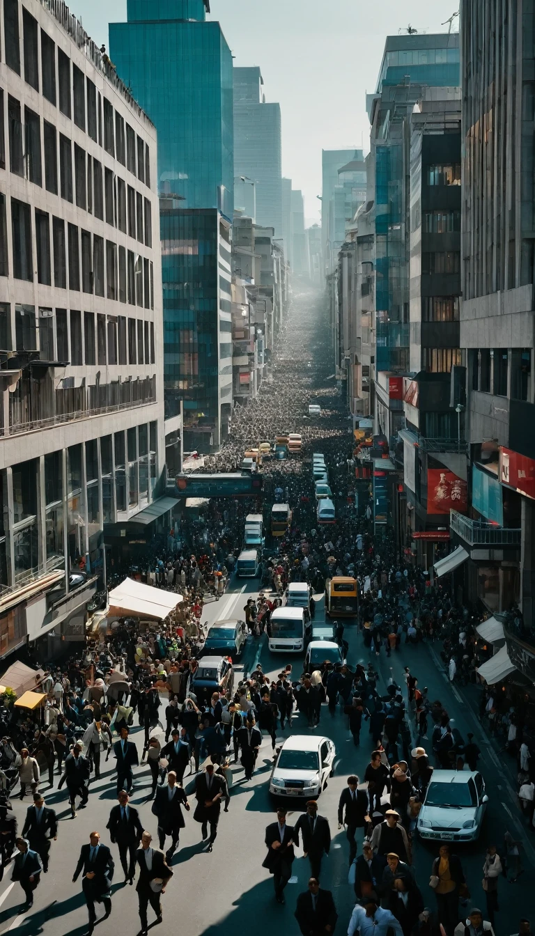 Visual: A busy street with people rushing.