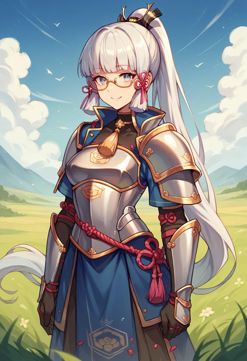 ayaka, the solemn knight with ponytail, wearing glasses and white hair, is standing in the middle of a field, adding a touch of knight armor(0.7) for her charm. She has medium breasts and an inviting smile with her hair accessories