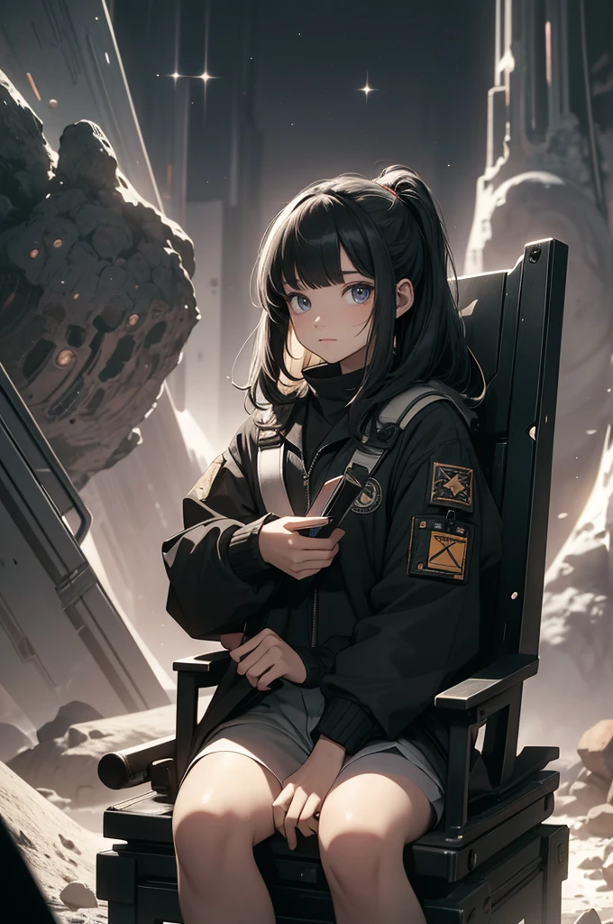 Drawing a young programmer, Sitting on a floating research platform in the middle of an asteroid belt. She is studying using a notebook, Surrounded by several asteroids that emit a fiery aura. Dramatic light from distant stars and planets illuminates the scene, Cast a deep shadow on the suit. Young people seem confident and determined, Gaze with wonder and reverence at the vast and mysterious universe,Facial hair, Cowboy Shot,