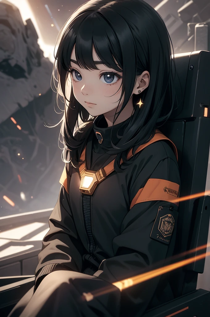 Drawing a young programmer, Sitting on a floating research platform in the middle of an asteroid belt. She is studying using a notebook, Surrounded by several asteroids that emit a fiery aura. Dramatic light from distant stars and planets illuminates the scene, Cast a deep shadow on the suit. Young people seem confident and determined, Gaze with wonder and reverence at the vast and mysterious universe,Facial hair, Cowboy Shot,