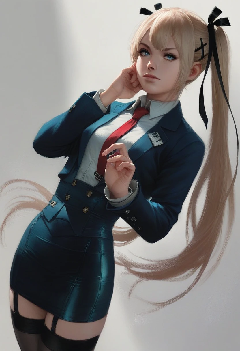 1girl,solo,intricate details,realistic,hand on own cheek,upper body,soft lighting,intense shadows,looking at viewer,(long eyelashes:0.5),closed mouth,marie rose, skirt suit, (((three-piece suit))), (((dress shirt))), (((necktie))), (((blazer))), (((suit jacket))), (((waistcoat))), double-breasted waistcoat, (((bodycon pencil skirt))), (((stockings))), high heels, pocket square, cufflinks, tie clip, tight clothing, formal clothing, ,light blue eyes,